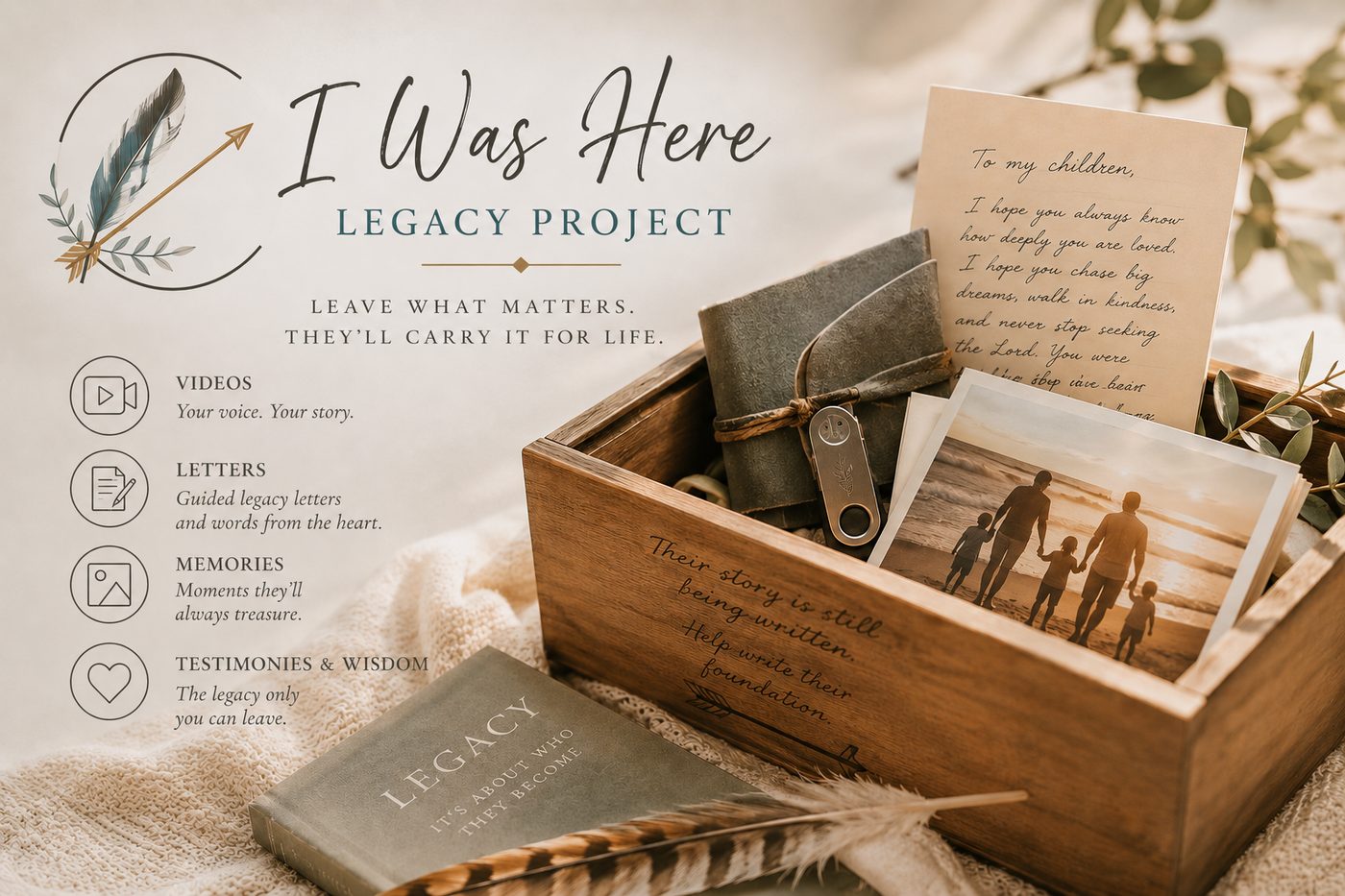 I Was Here Legacy Project — a keepsake box with a handwritten letter, a journal, and a family photo